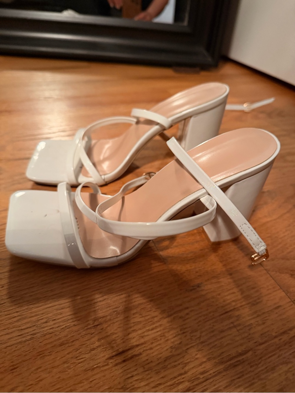 White Patent Strappy Block Heel Sandals - Women's